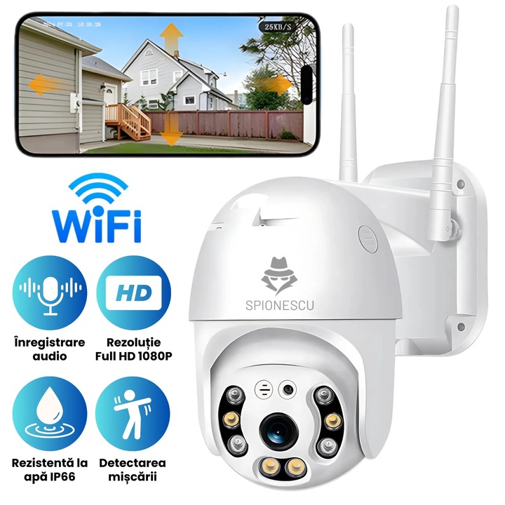 Camera de supraveghere 2 MP HD, Spionescu, PTZ, vedere nocturna color, WIFI, detectie forma umana, microfon incorporat, rezistent la apa IP66, comunicare bidirectionala, alb