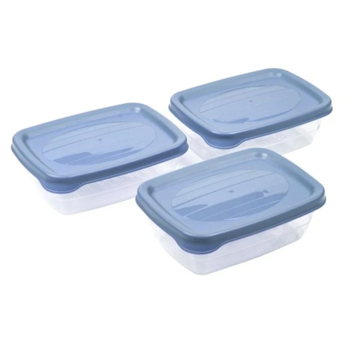 Set 3 caserole alimentare, plastic, albastru/transparent, 600ml, 14x9.5x5cm