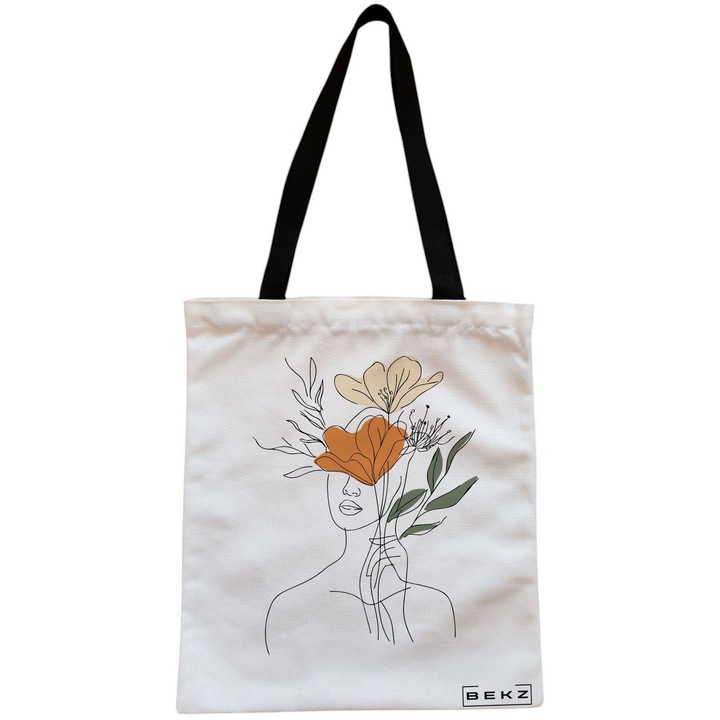 Vászon hordtáska nőknek, Flower Lady 3, 38x34,5 cm, fehér, BEKZ