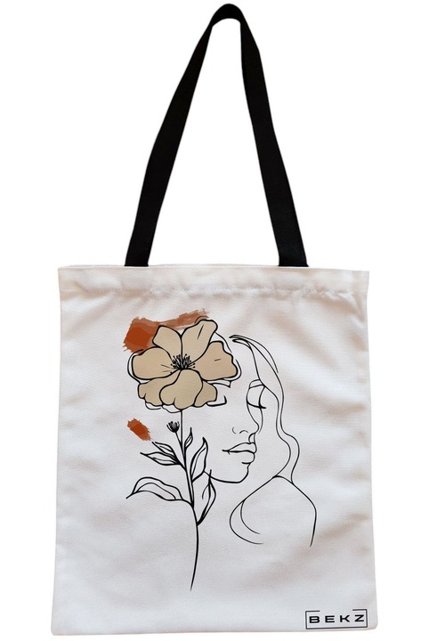 Sacosa Cumparaturi Textila cu Fermoar, Geanta Tote, Flower Lady 5, 38x34.5 cm, Alba, BEKZ®