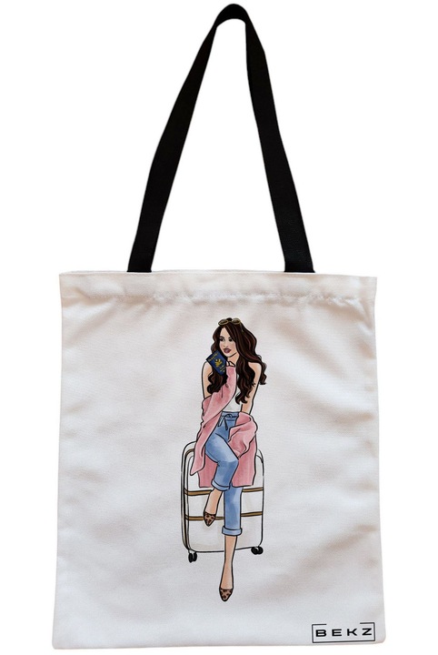 Sacosa Cumparaturi Textila cu Fermoar, Geanta Tote Travel Girl 3, 38x34.5 cm, Alba, BEKZ®