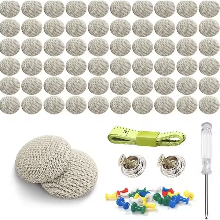 Kit Reparare Plafon Auto – 65 Cleme + 65 Ace + Rigla si Surubelnita – Crem Texturat, Reparare Tapiterie Auto pentru Audi, Opel, BMW, VW, Ford