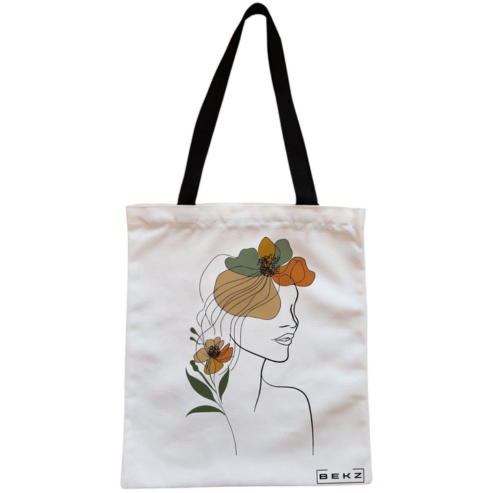 Vászon hordtáska nőknek, Flower Lady 11, 38x34,5 cm, fehér, BEKZ