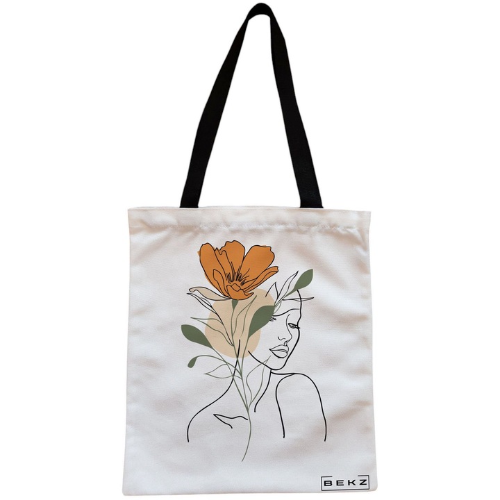 Vászon hordtáska nőknek, Flower Lady 1, 38x34,5 cm, fehér, BEKZ