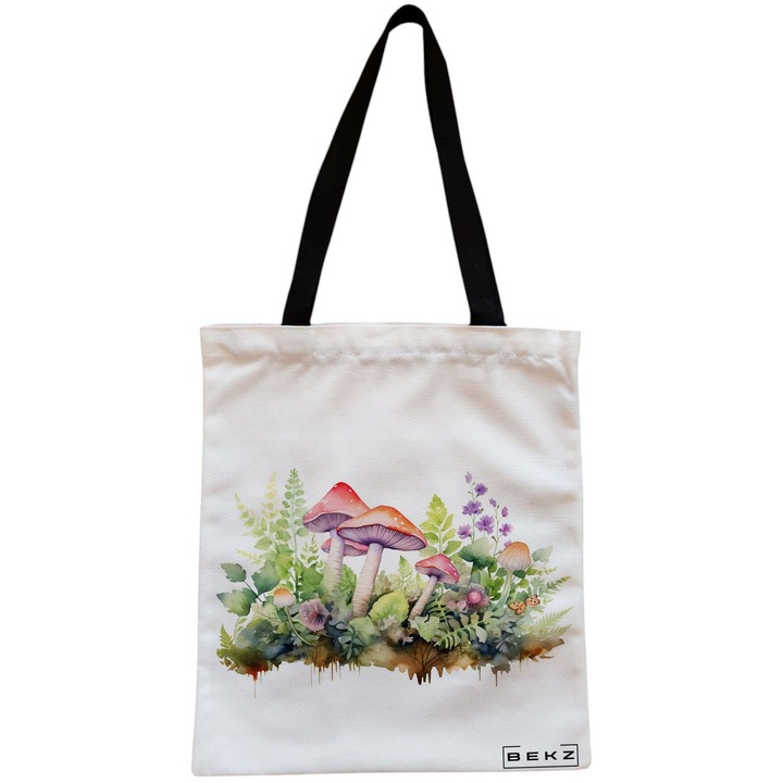 Női vászon hordtáska színes gombák 11, 38x34,5 cm, fehér, BEKZ