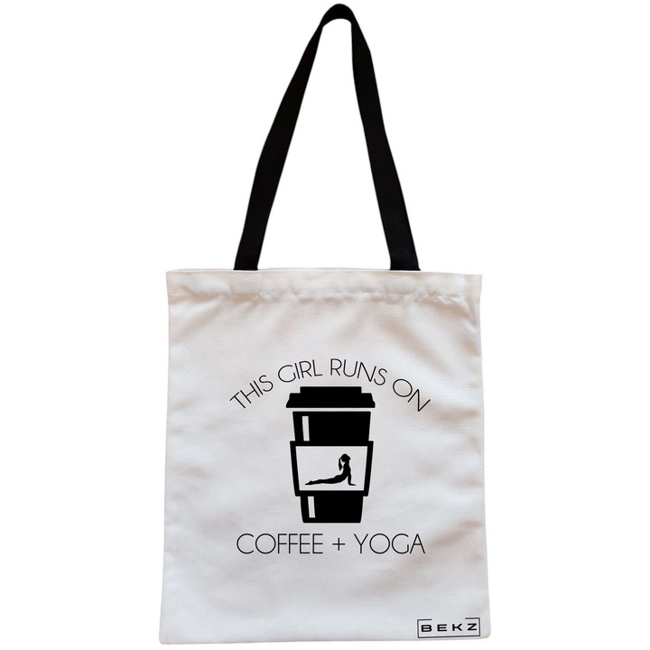 Vászon hordtáska női jógának Ez a lány kávén és jógán fut 2, 38x34,5 cm, fehér, BEKZ