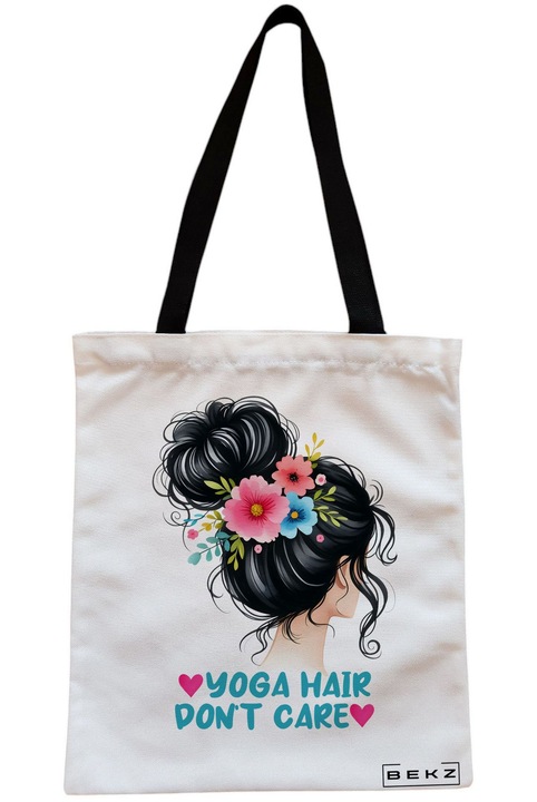 Sacosa Cumparaturi Textila cu Fermoar, Geanta Tote Yoga Hair don't care, 38x34.5 cm, Alba, BEKZ®