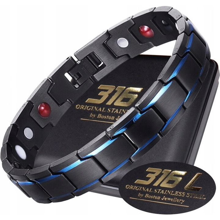Bratara magnetica pentru barbati, Boston Jewellery, otel, negru/albastru, 23,5cm x 12mm x 4mm