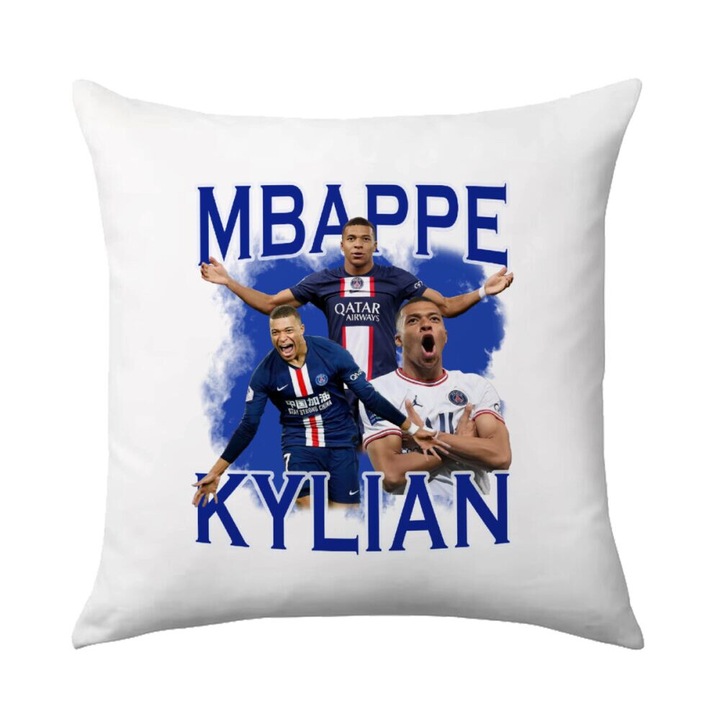 Perna decorativa Kylian Mbappe 40x40cm, material poliester, design pe o parte, umplutura inclusa