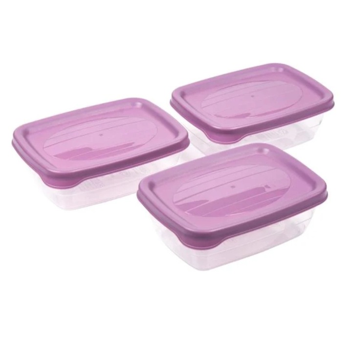 Set 3 caserole alimentare, plastic, lila/transparent, 300ml, 12x8x4.5 cm