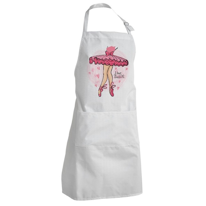 Sorturi bucatarie, I Love Ballet, sort de bucatarie adult, alb, cu buzunare, 40x22cm
