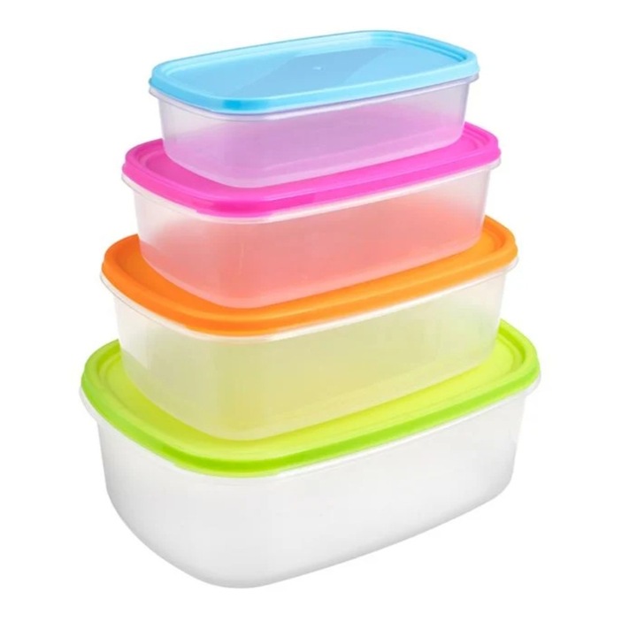 Set 4 caserole alimentare, plastic, transparent, cu capace colorate, albastru/roz/portocaliu/verde, 590ml-1100ml-1800ml-2900ml