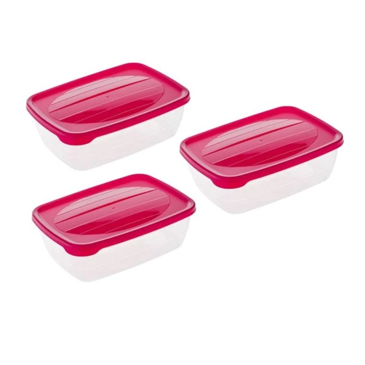 Set 3 caserole alimentare, plastic, transparent, cu capac fucsia, 2L, 20x12x8cm