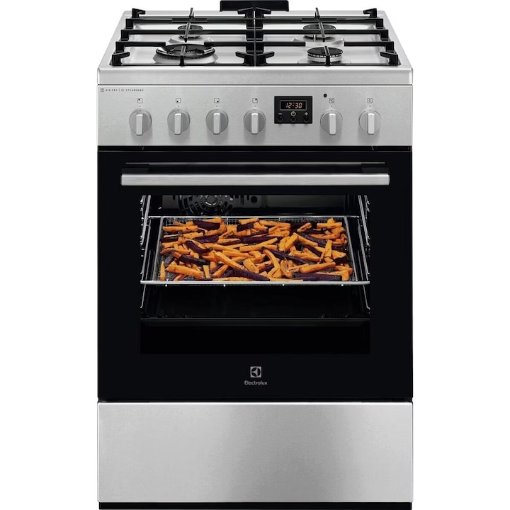 Газова готварска печка ELECTROLUX SteamBake LKK664220X, 4 котлона, газ + електричество, L 60 см, скара, неръждаема стомана