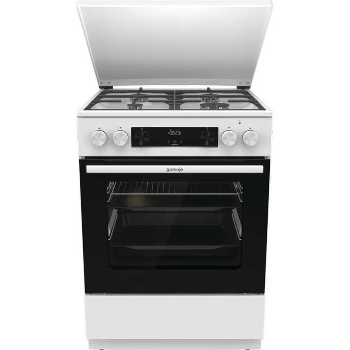 Gorenje GKS6C71WF Kombinált tűzhely, 4 gázégő, elektromos multifunkciós sütő Pizza funkcióval, kijelző, fém tetővel, teleszkópos sütősín, lassú ajtózáródás, air fry, fém tető, 60 cm széles, gőzfunkcióval