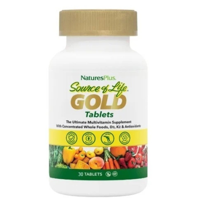 NATURE'S PLUS Source of Life Gold Set de 30 tablete, multivitamine, fara gluten, pentru energie si tonus