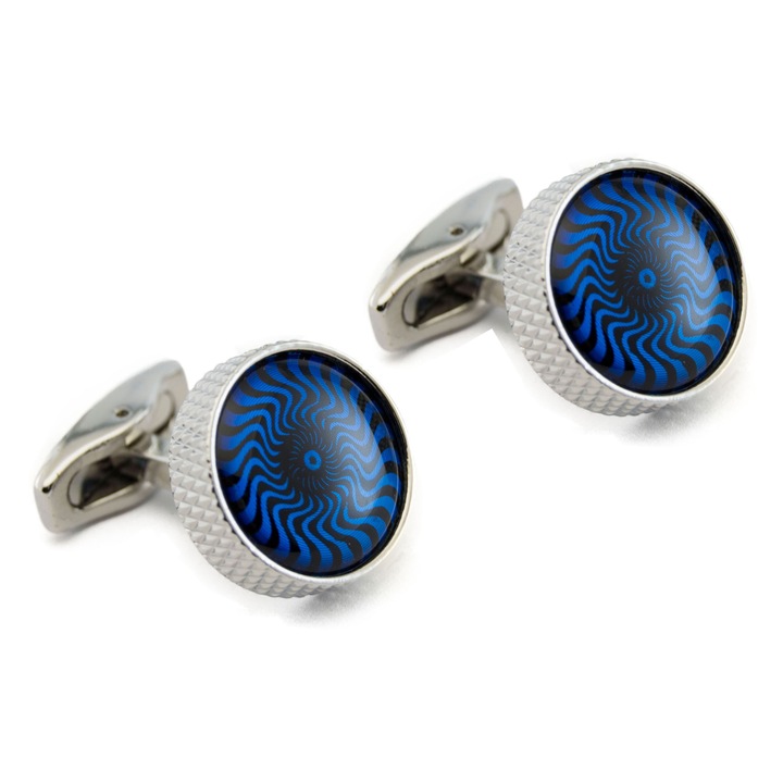 Elegáns sárgaréz ing mandzsettagomb készlet, Newtone, BT-005, Geometrikus kialakítás, Kerek, Kék, Fekete és Ezüst, 18 mm