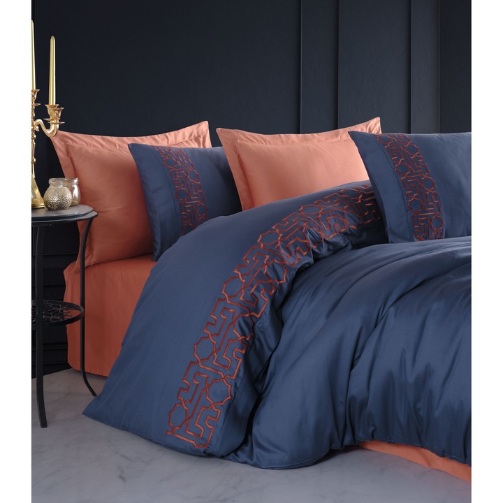 Lenjerie de pat, DANTELA, Luna, Caramiziu/Albastru, 6 piese, bumbac satinat 100% 200T, dimensiuni 200x220 / 50x70 cm