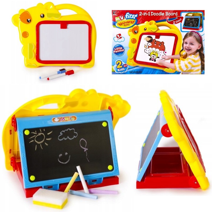 Образователна дъска 2 в 1, Kathay-Haster, с гумичка и повърхност с тебешир, жълта, 22x13cm и 19x14cm