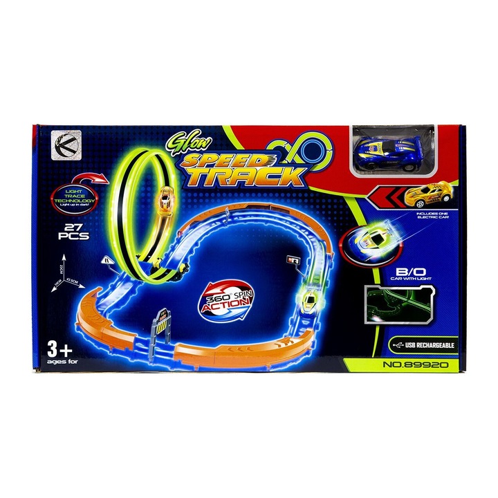 Autós áramkör készlet lámpákkal, Kathay-Haster, 27 darab, 1 autó 7 cm, fluoreszkáló, 45x6,5x25,5 cm