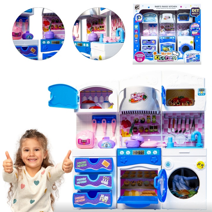 Комплект кухненски мебели за кукли, Kathay-Haster, 3 модула, включени аксесоари, син, +3 години