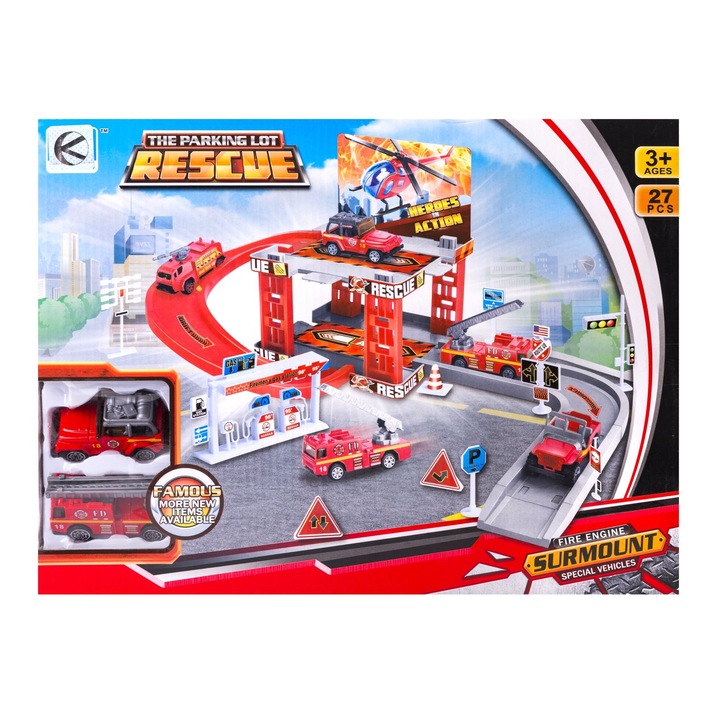 Set parcare pompieri cu 2 masinute, Kathay-Haster, 6cm, 27 piese, +3ani, multicolor