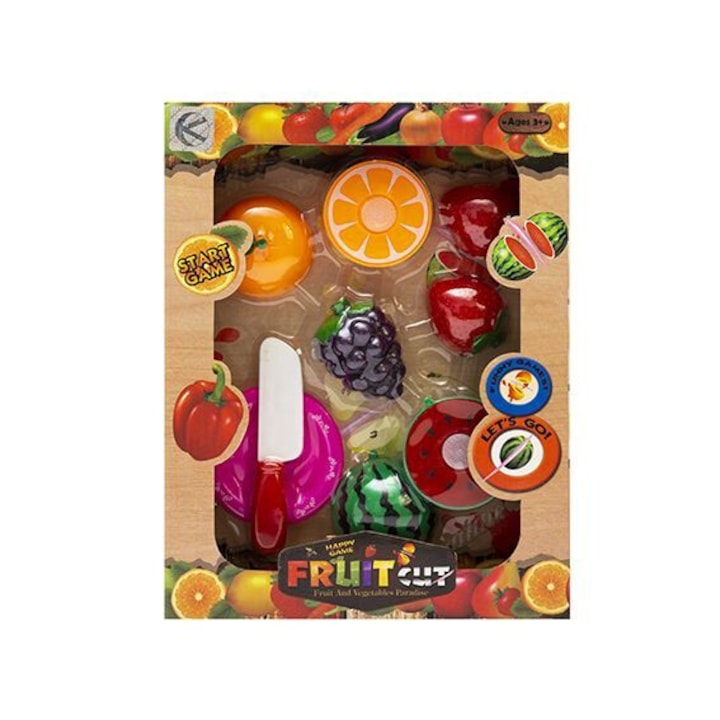 Цветен комплект за рязане на плодове с чиния и нож, Kathay-Haster, портокал, ягода, грозде, диня, +3 години