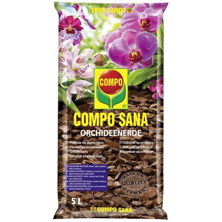 Orchidea talaj, Compo, 5L, pH 5,0-6,5, tőzeget és fenyőkéreget tartalmaz