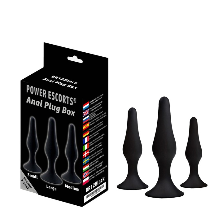 3 db Power Escorts anális dugós készlet, fekete, különböző méretű