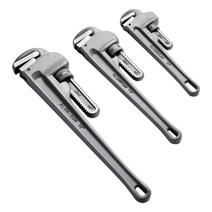 Set de 3 Chei pentru Tevi Drepte, din Aluminiu, 10/14/18 Inch Convertit in cm (25.4/35.56/45.72 cm), Cheie pentru Instalatii Sanitare, CRV Jaw