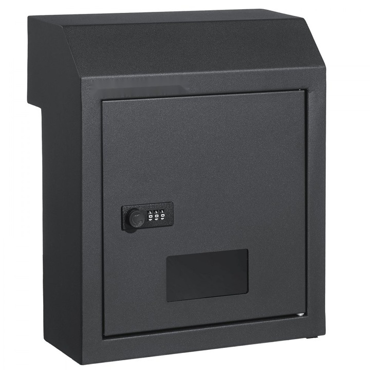 Ajtóba építhető postaláda, fém, kulcsdobozos modell, kombinációs zárral, sötétszürke