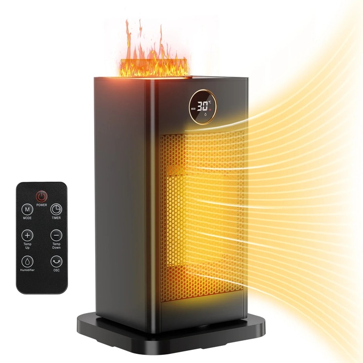 Aeroterma ceramica, Incalzitor electric, 1500 W, Inaltime 28, 5 cm, 3 trepte, Telecomanda, Temporizator 1–12 h, Umidificator, Gri inchis