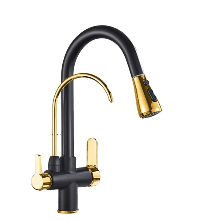 Szaniter csaptelep, sárgaréz szerkezet, két karral működtethető, fekete és arany