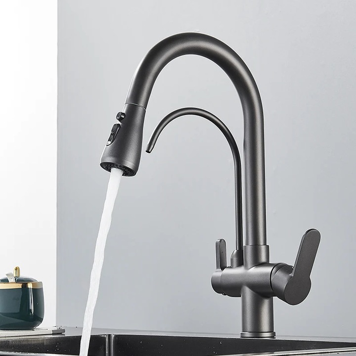 Konyhai csaptelep, két fogantyús kialakítás, visszahúzható spray funkció, fémszürke, munkalapra szerelhető