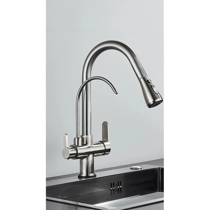 Konyhai csaptelep, kétkaros kialakítás, visszahúzható permetező funkció, szálcsiszolt nikkel, munkalapra szerelhető