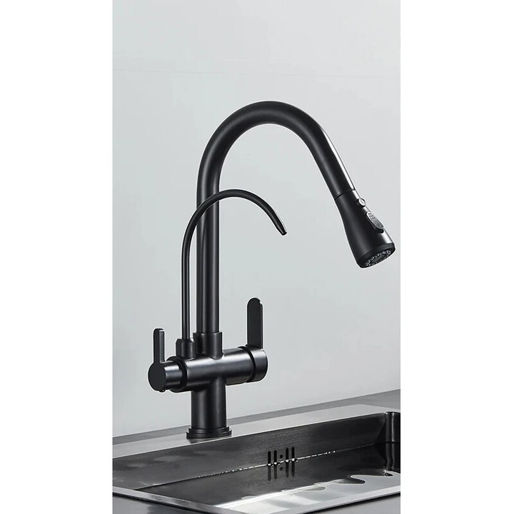 Konyhai csaptelep, két fogantyús kivitel, visszahúzható spray funkcióval, fekete