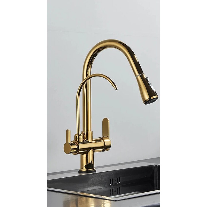 Konyhai szaniter csaptelep, kétkaros kivitel, visszahúzható spray funkcióval, arany színű