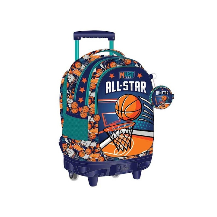 Ghiozdan Diakakis Trolei Scola, 3 compartimente, 34x20x44cm, 30L, polyester 600D, multicolor