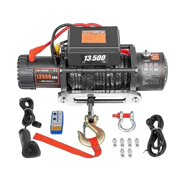 Troliu electric 13500 lbs, motor 8 hp, cablu sintetic 24 m, dimensiuni 52x15x24 cm