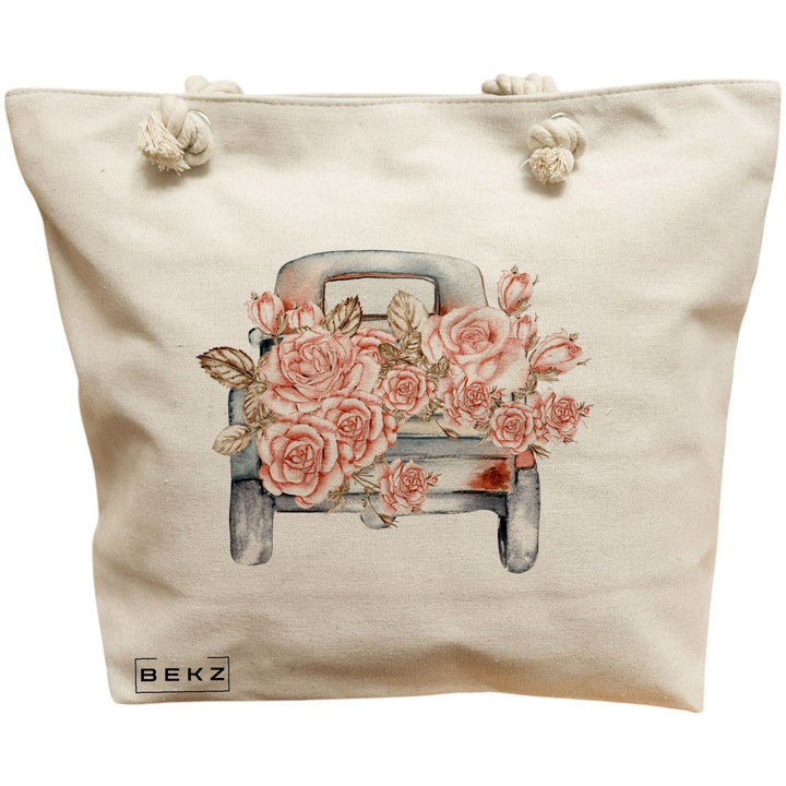 Női vászon táska, rózsaszín autómodell, 40x51 cm, bézs, BEKZ