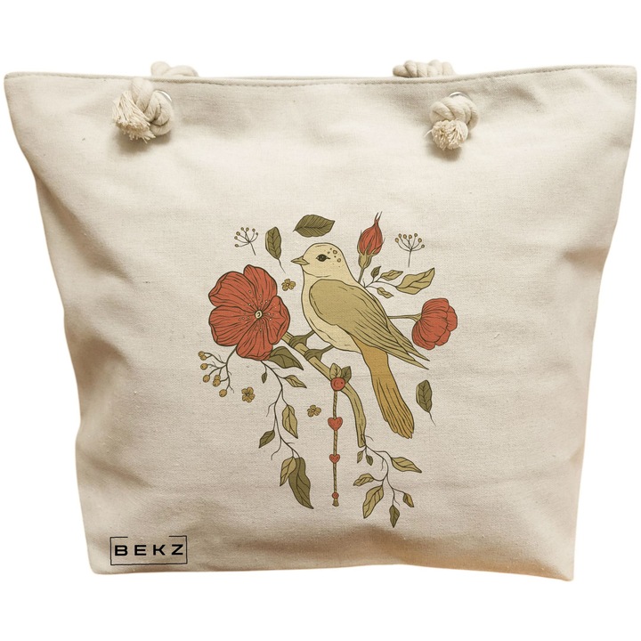 Vászon női hordtáska, Cantec virágos modell, 40x51 cm, bézs, BEKZ