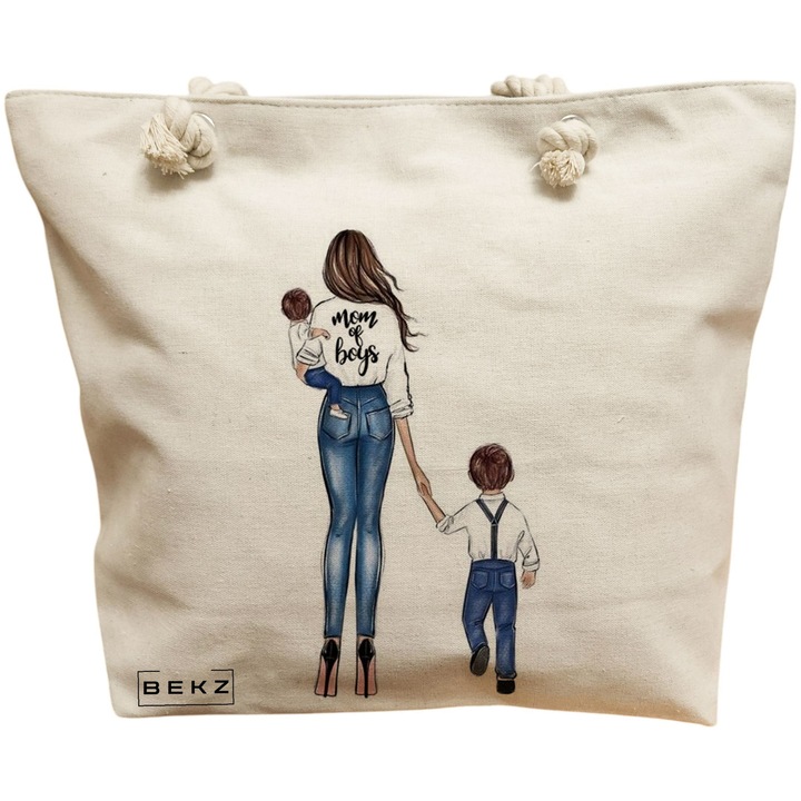 Vászon női táska, Mom of Boys modell, 40x51 cm, bézs, BEKZ