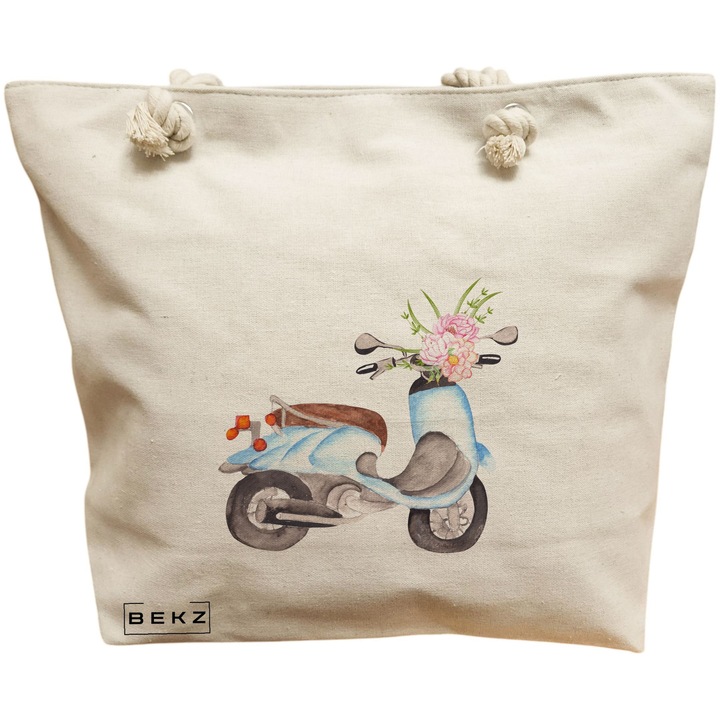 Vászon női hordtáska, virágos kerékpár modell, 40x51 cm, bézs, BEKZ