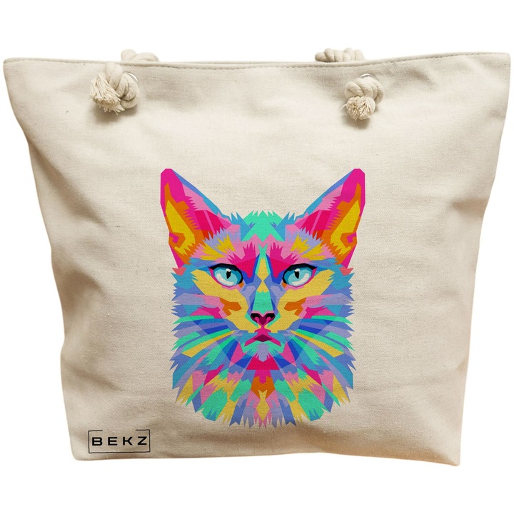 Vászon női hordtáska, színes, geometrikus macska mintás, 40x51 cm, bézs, BEKZ