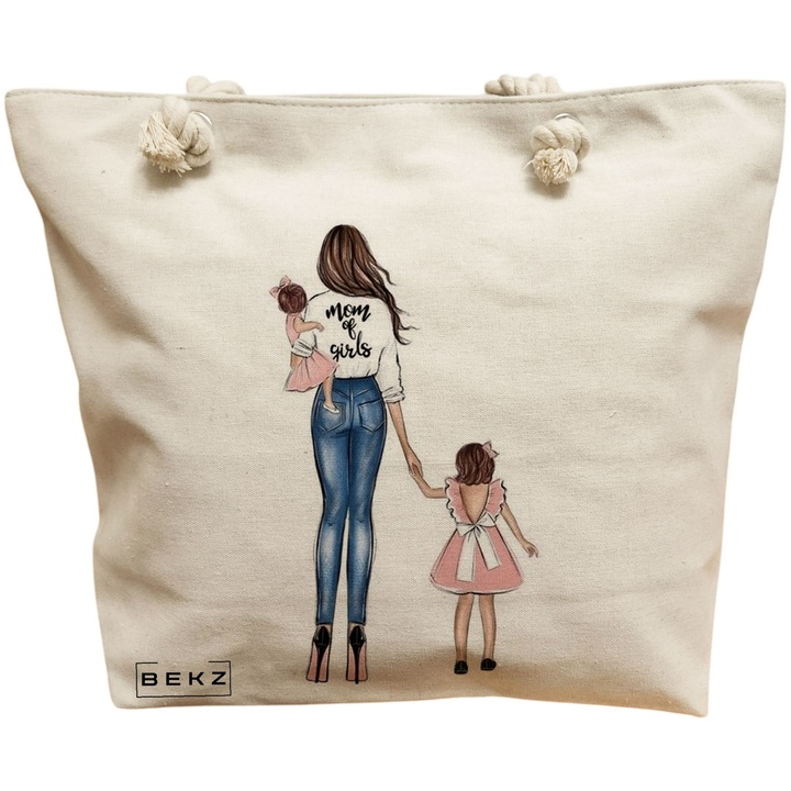 Vászon hordtáska nőknek, Mom of Girls modell, 40x51 cm, bézs, BEKZ