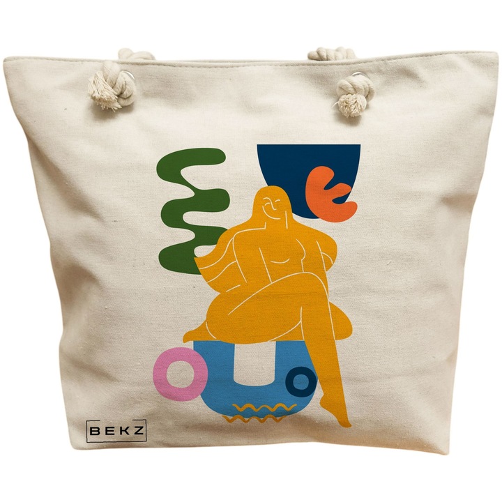 Vászon női táska, absztrakt emberi akt mintával, 40x51 cm, bézs, BEKZ