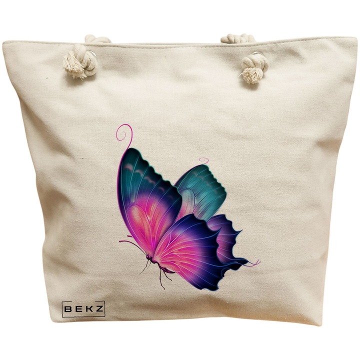 Vászon női táska, színes pillangó mintával, 40x51 cm, bézs, BEKZ