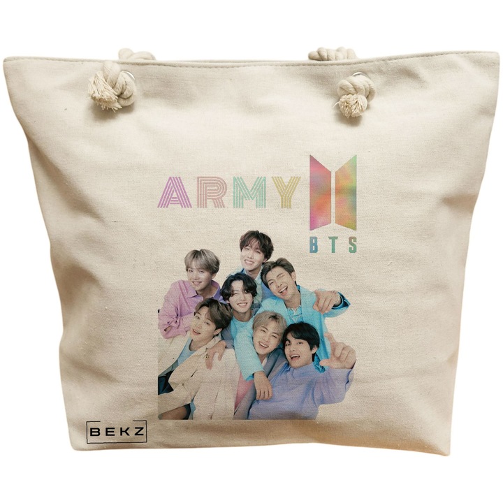 Vászon női hordtáska, BTS Army 7 modell, 40x51 cm, bézs, BEKZ
