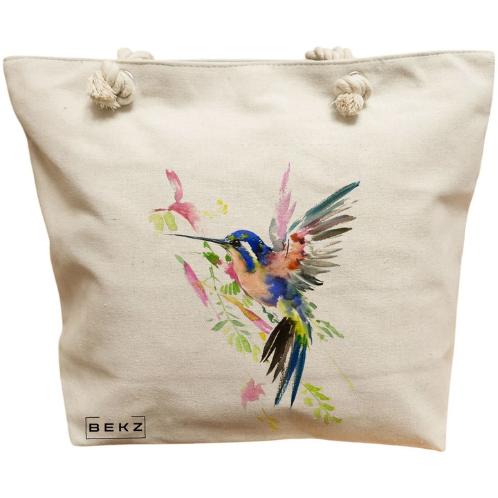 Vászon női hordtáska, akvarell madármintás, 40x51 cm, bézs, BEKZ