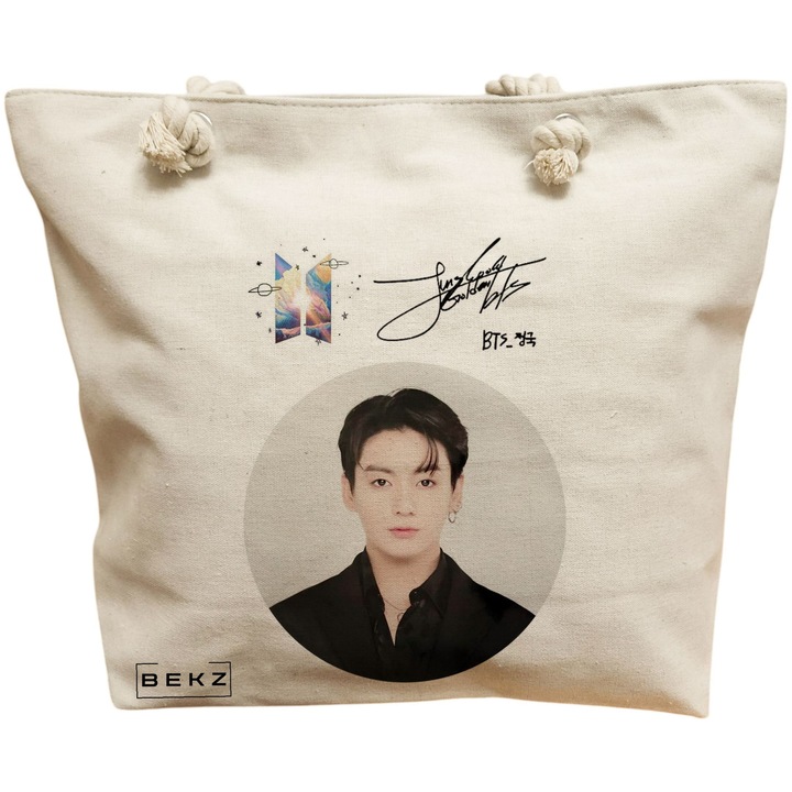 Vászon női táska, BTS Jungkook minta, 40x51 cm, bézs, BEKZ